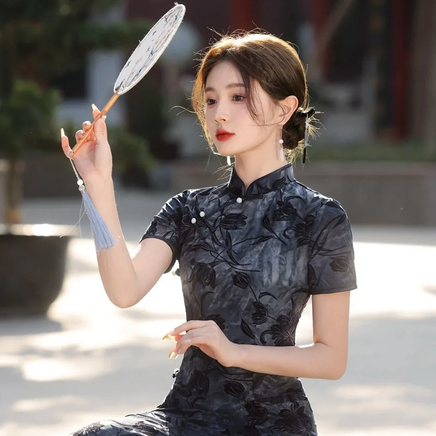 

Yourqipao Old Shanghai Long Cheongsam 2025 Spring New Chinese Style Short-sleeved Qipao Evening Dress