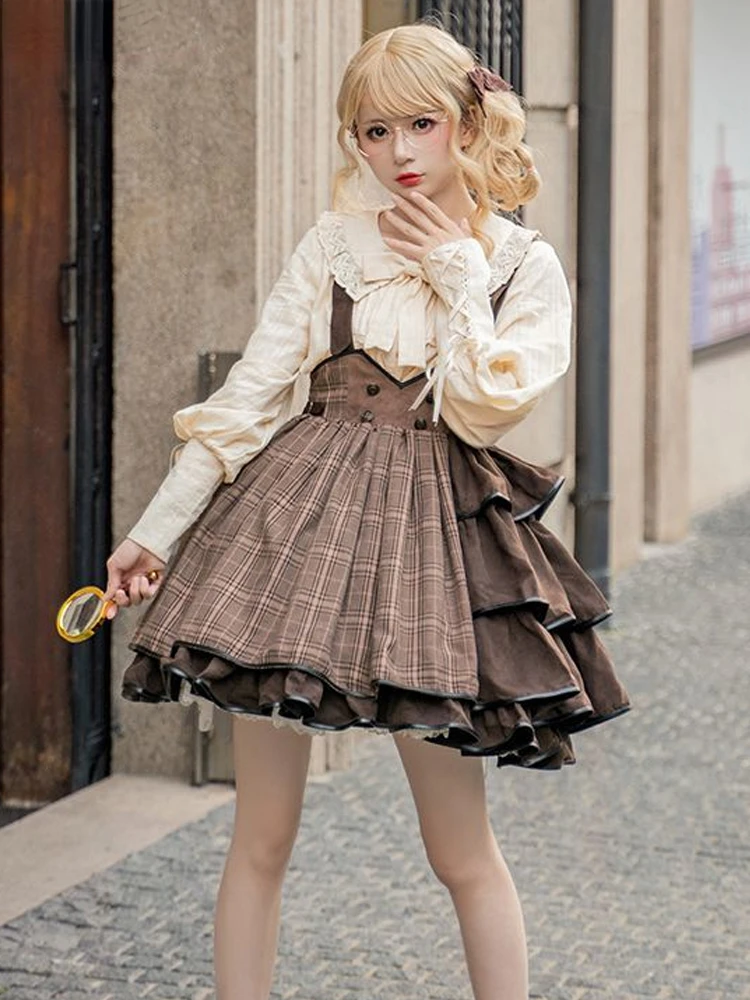 NONSAR Soft Girl Lolita Strap Dress Little Detective Original Summer Gothic Cute Plaid Dress Japanese Kawaii Dress Cute Clothes