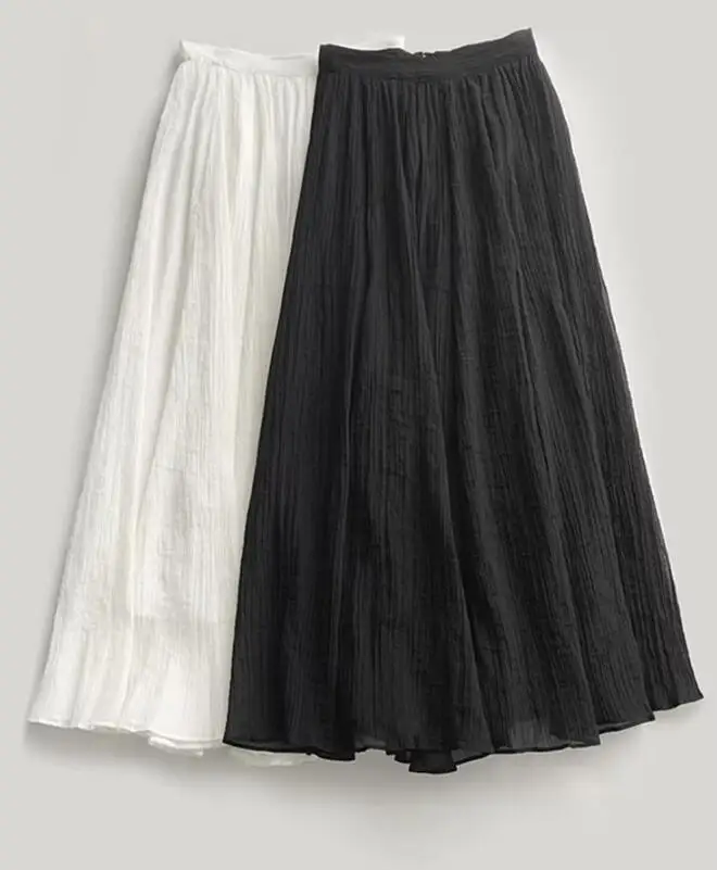 

Women's White or Black Midi Skirt High Waisted Lightweight 2024 New Summer Female Pleated A-Line Jupe