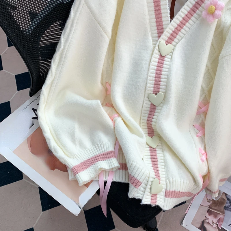 OCEANLOVE Stripes Preppy Style Women Sweaters V Neck Autumn Winter Kawaii Loose Cardigans Sweet Contrast Color Sueteres