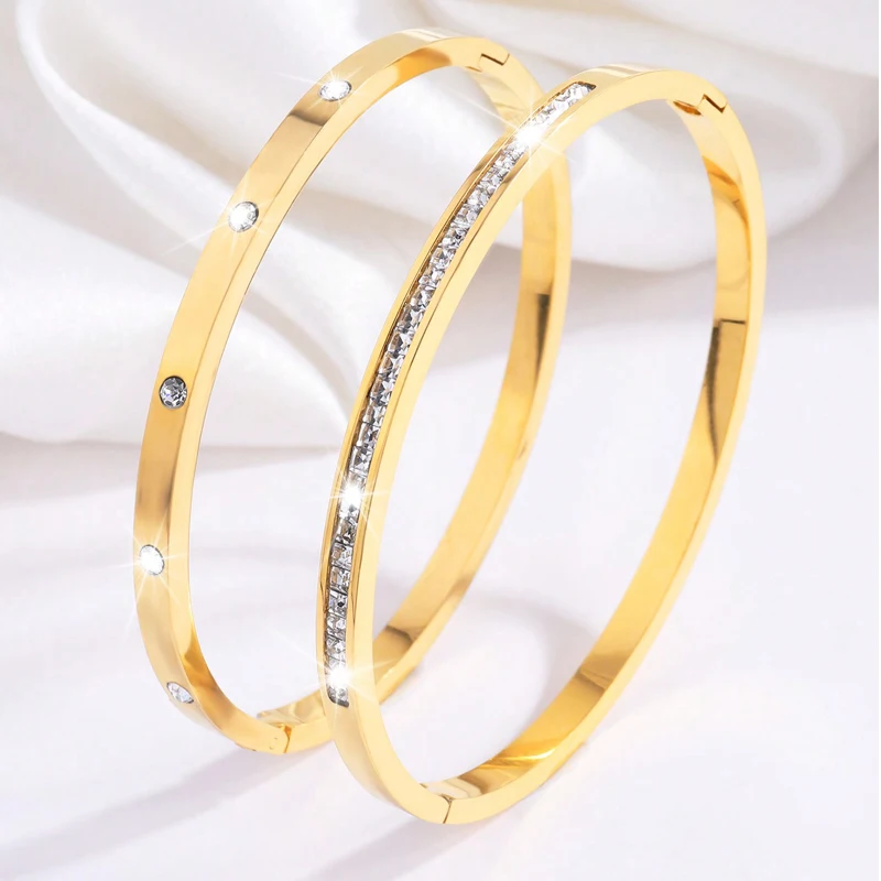 

2 Pcs Luxury Stainless Steel Gold color Bangle for Women Micropaved Cubic Zirconia Bracelet Fashion Waterproof Jewelry