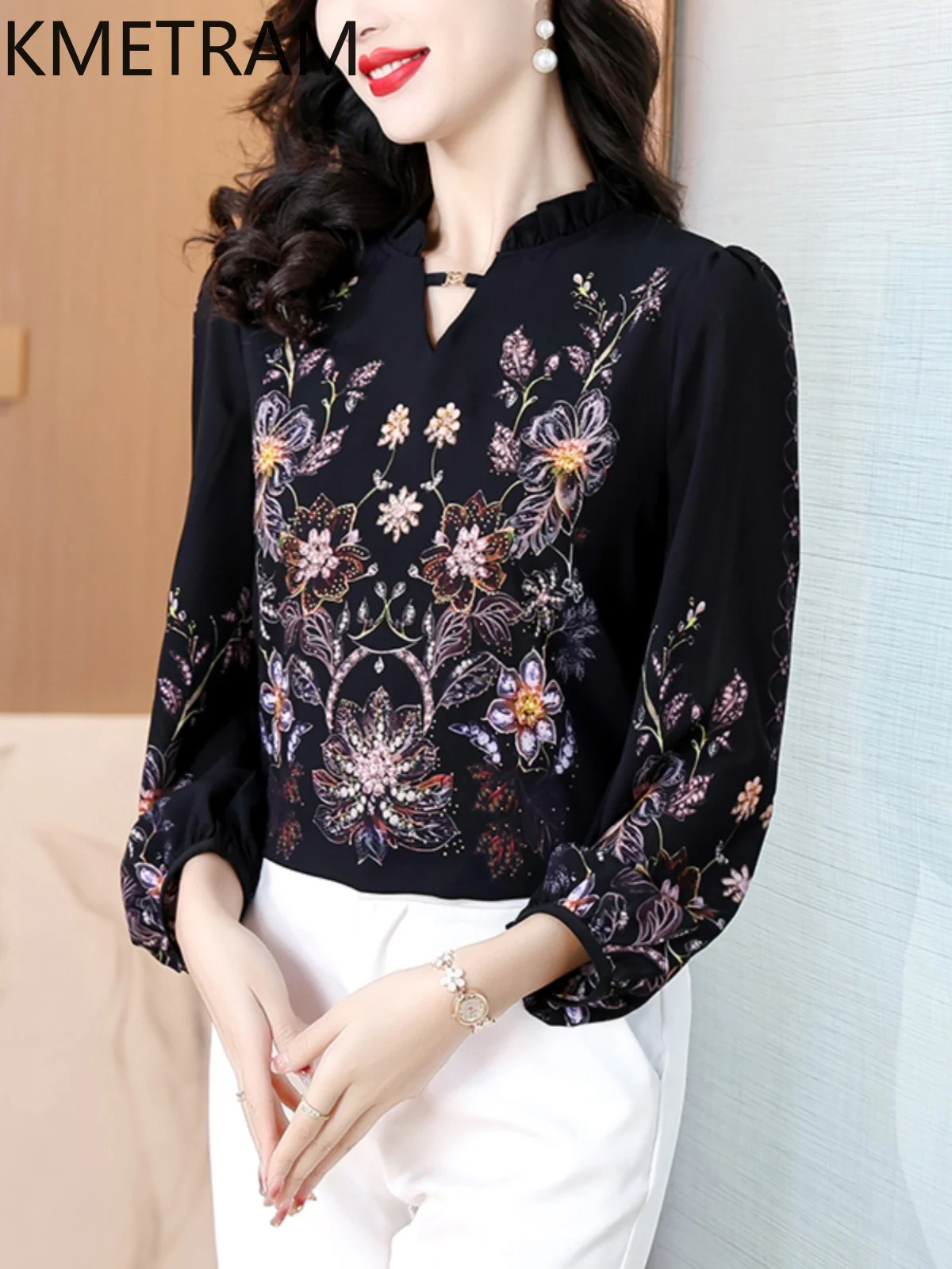 KMETRAM 90% Mulberry Silk Blouse Woman V-Neck Floral Elegant Tops for Woman Clothing Long Sleeve Women's Shirts 2025 Spring