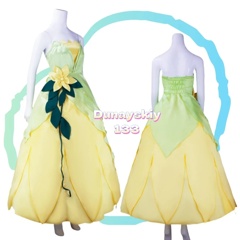 

Tiana Cosplay Costume Movie Frog Yellow Green Dress for Women Halloween Princess Carnival Customized Clothes