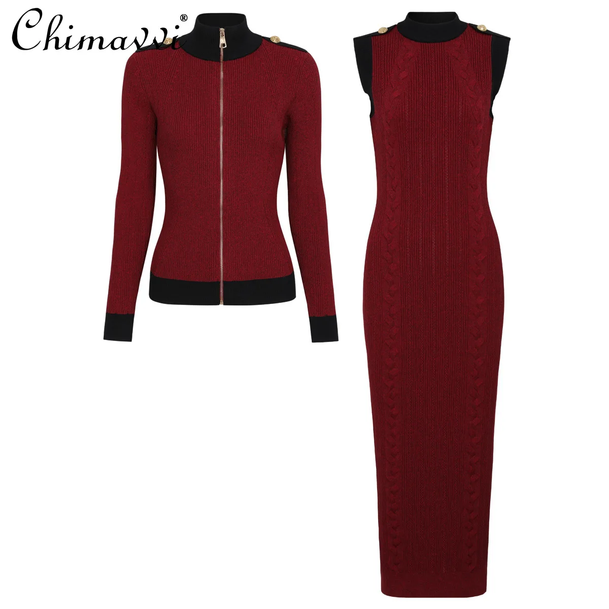 

French Style Fashion Elegant Temperament Zipper Sweater Stand Collar Sleeveless High Waist Slim Bodycon Knitted Long Dress Women