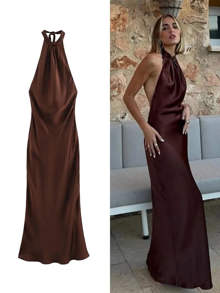 

TRAF Women's Summer Solid Colour Satin Backless Slim Long Sexy Chic Elegant Evening Party Dresses Fashion Neck Strappy Dresses