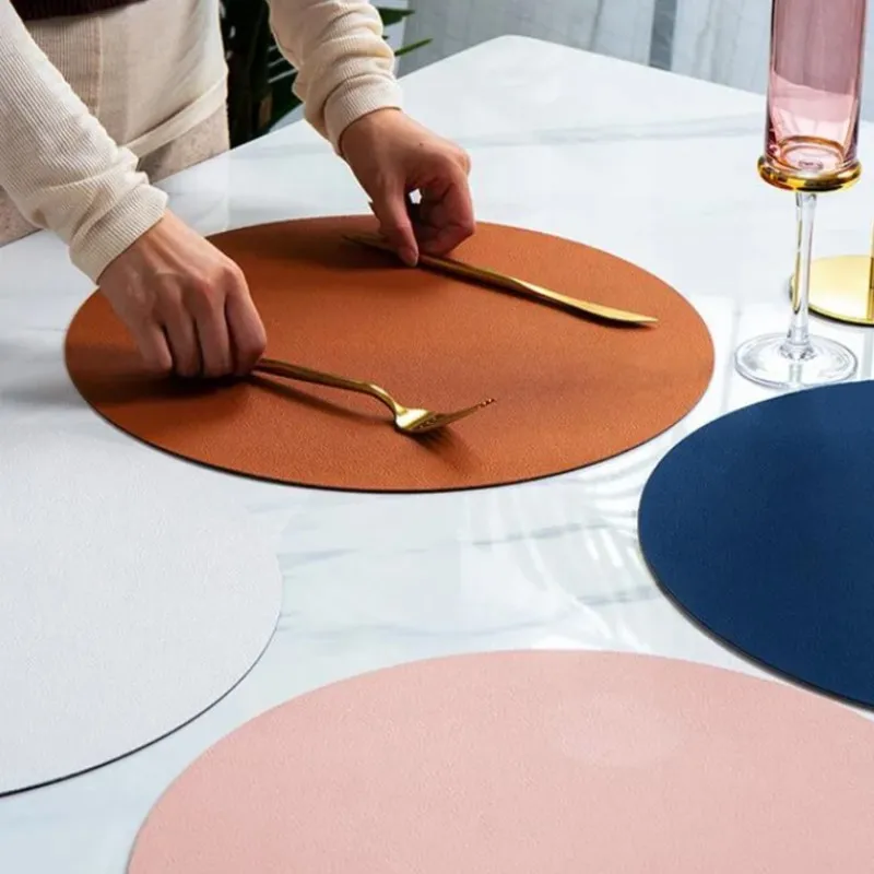 1/4/10Set Round PU Faux Leather Placemats and Coasters Set Double Color Elegant Dining Table Mat Pad Party Desktop Decoration