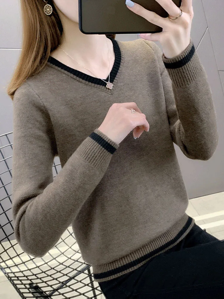 V-hals Plus Fluwelen Trui Bodem Tee Dames Casual Nieuwe Dikke Trui Warm Zacht Slanke Pluche Fleece Gevoerde Sueter Tops