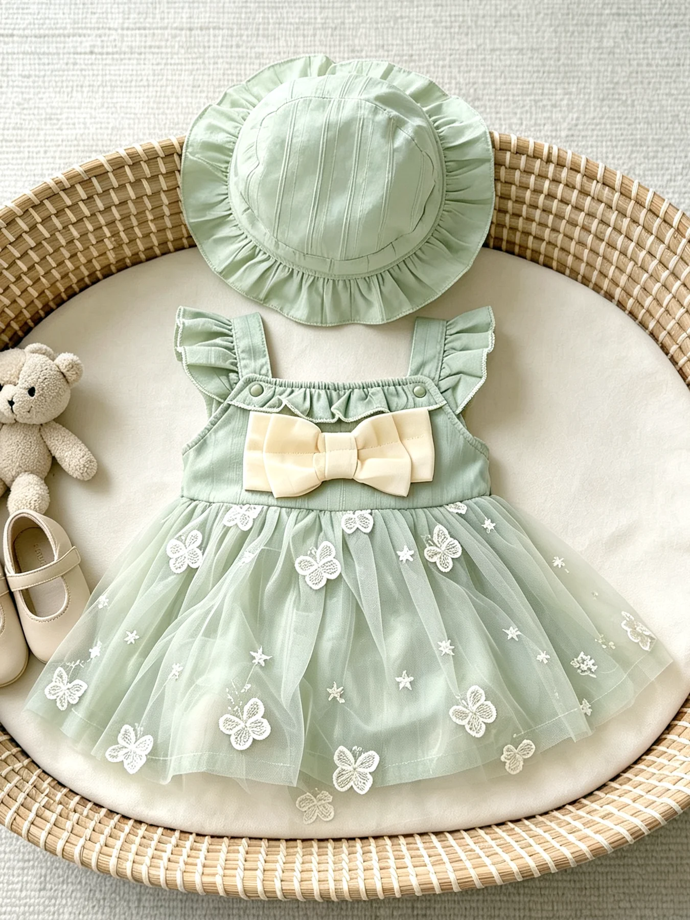 Baby Girl Bow Green Flying Sleeve Mesh Fresh Girl Suspender Princess Dress Two-Piece Set Spring and Summer Dress