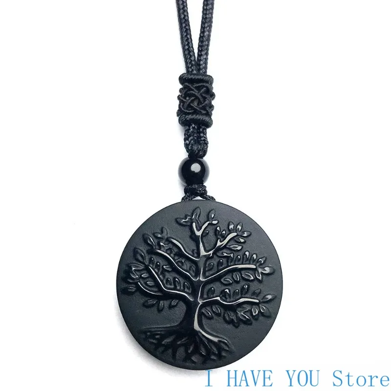 

Natural Genuine Obsidian Life Tree Necklace Pendant Healing Crystal Guardian Jade Pendant Male and Female Jade Necklace Jade