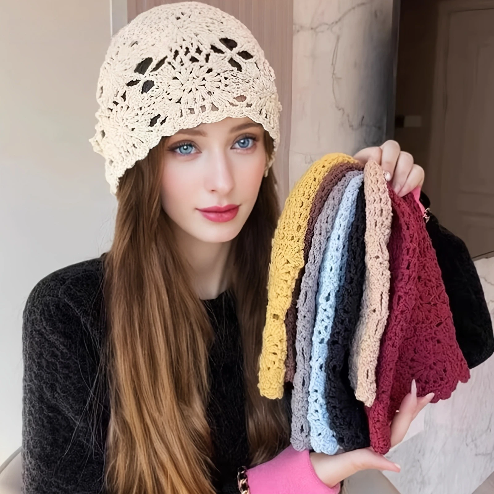 Gewebte Pullover-Mütze im japanischen Stil, dünne, ausgehöhlte Mützen, Mütze für Damen, Retro-künstlerische Strickmütze