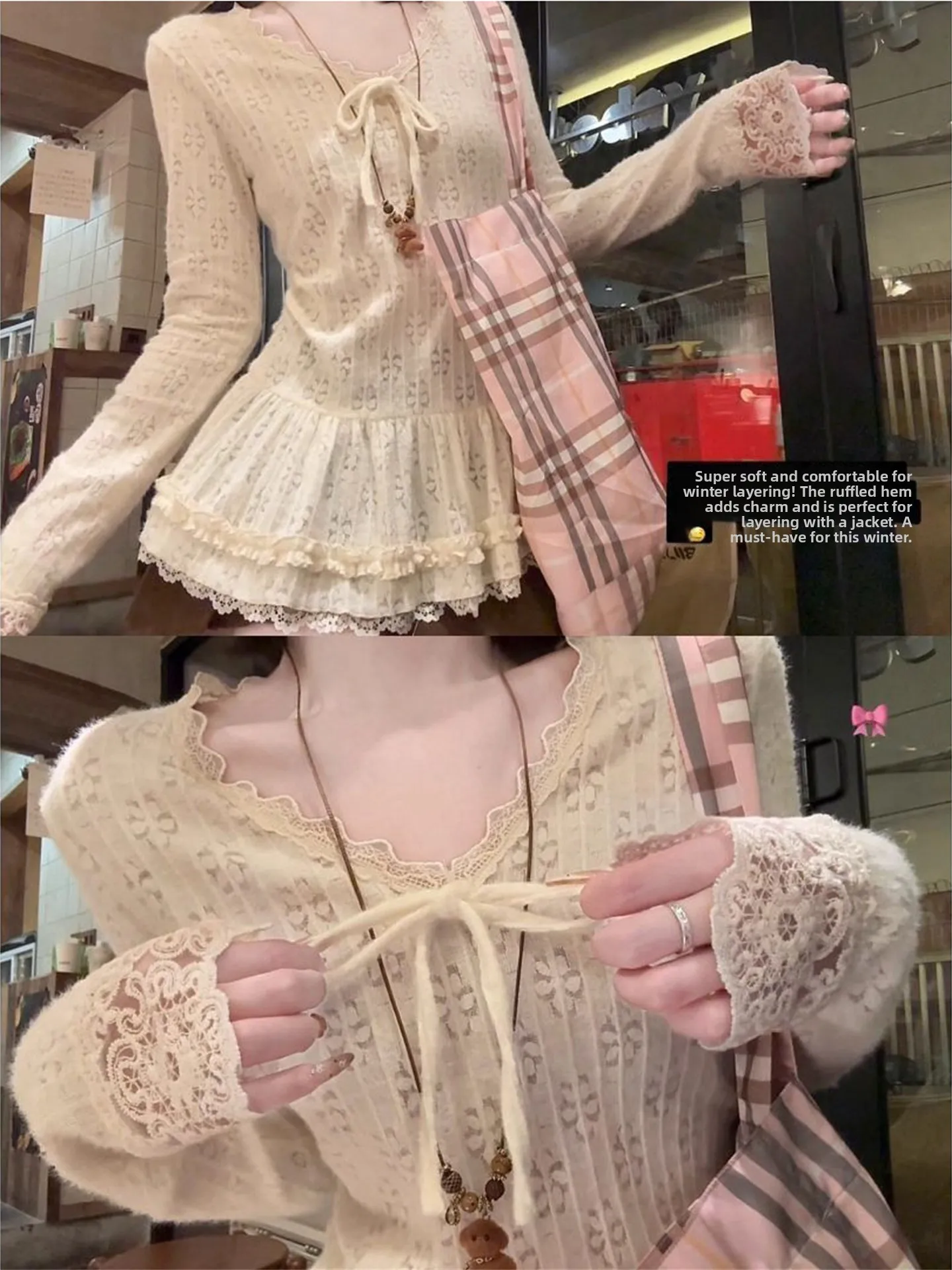 

Soft Long Sleeve T-Shirt Women's Slim Fit Inner Wear Knot Wooden Ear A-Line Base Top for Autumn Winter