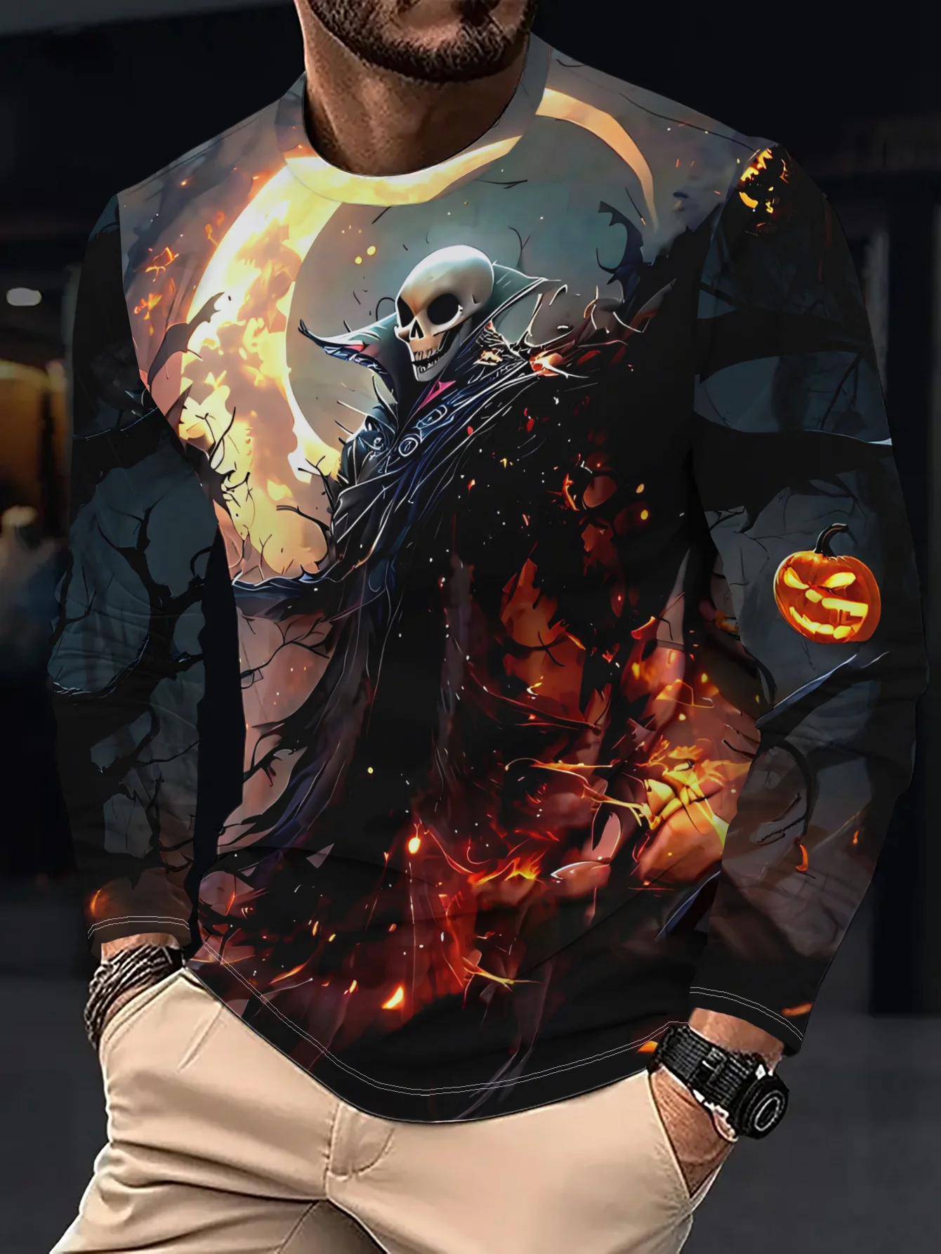 Men's Long Sleeve T‑Shirt Grim Reaper Skull Moon Pumpkin Fire Print Crew Neck Gothic Halloween Casual Streetwear Top