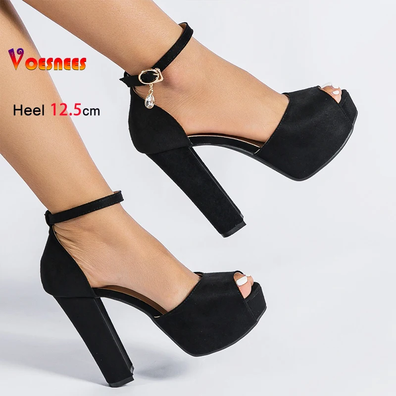 غطاء كعب الصنادل النساء حجم كبير الصيف اللمحة تو عالية الكعب 12.5 سنتيمتر الإناث منصة الجلد المدبوغ الكاحل حزام نموذج عرض الصنادل الأسود