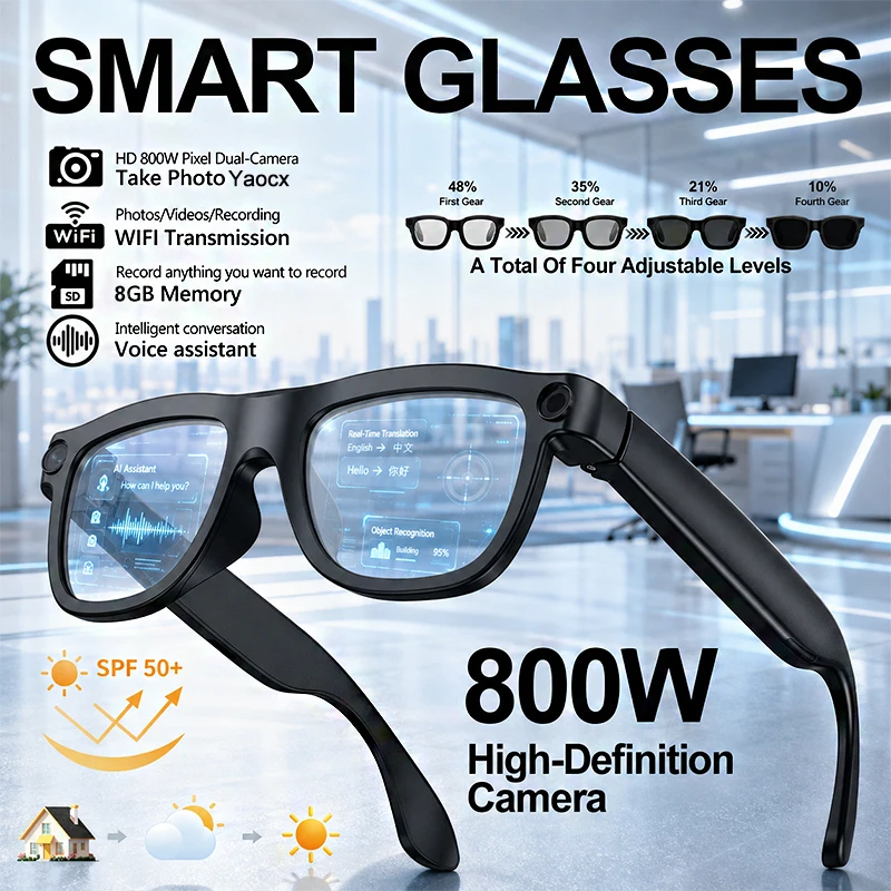 2026 Smart Glasses Electrochromic Lenses 800W HD Camera 1080P Video Recording AI Translation BT Call Music 300mAh Smart Glasses