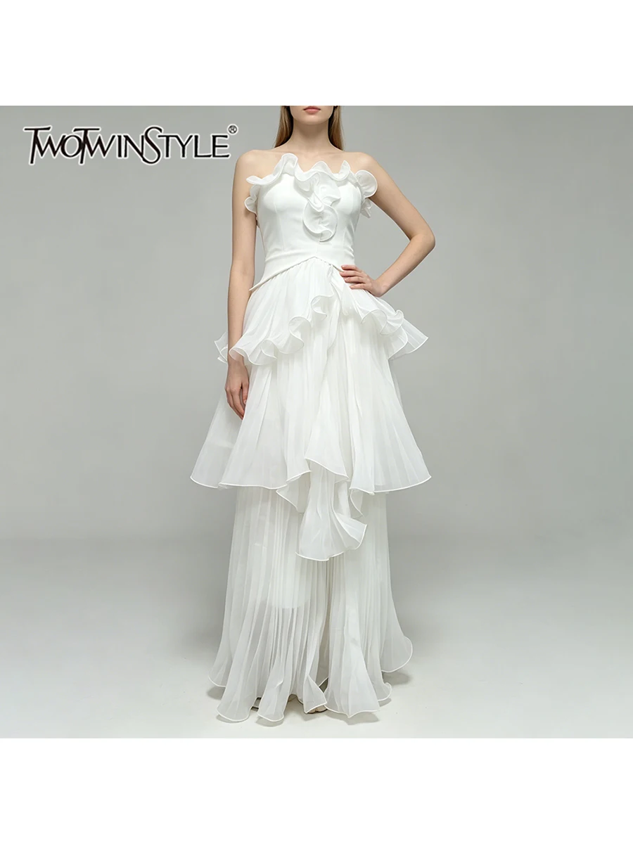 TWOTWINSTYLE Slimming Maxi Dress Solid Spliced Ruffle for Women Strapless Sleeveless Patchwork Zipper Dresses Female Fashion New