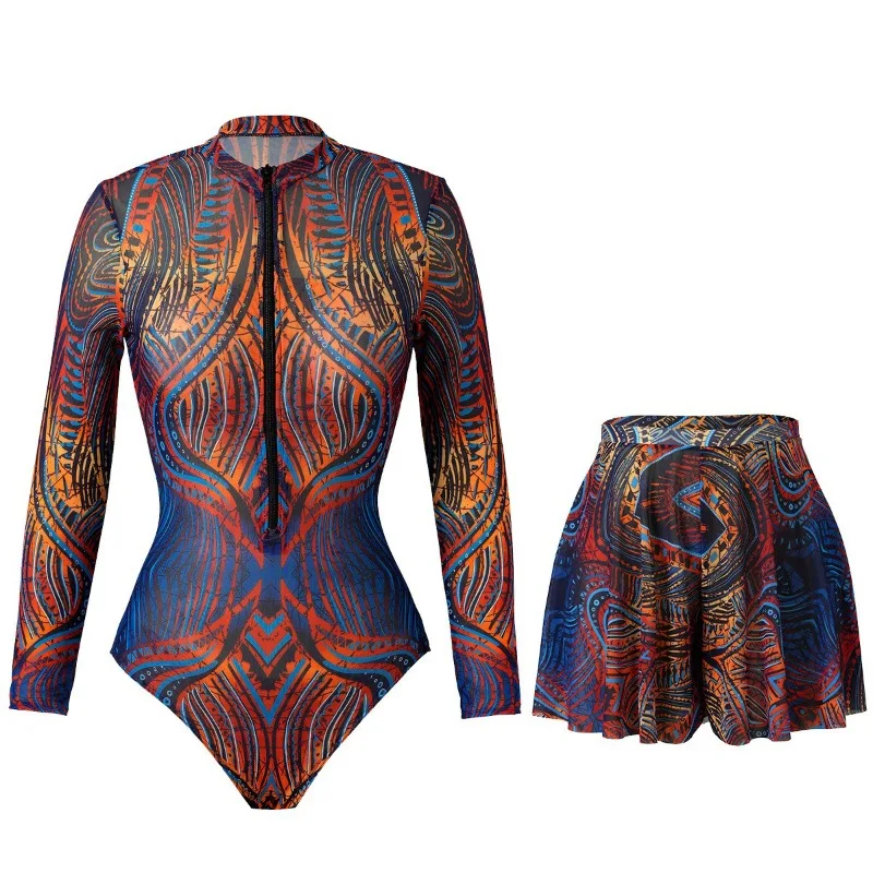 Vintage Print Two Piece Swimwear Women O Neck Long Sleeve One Piece Swimsuit A Line Mini Skirts Casual Beach Bathing Suit Female