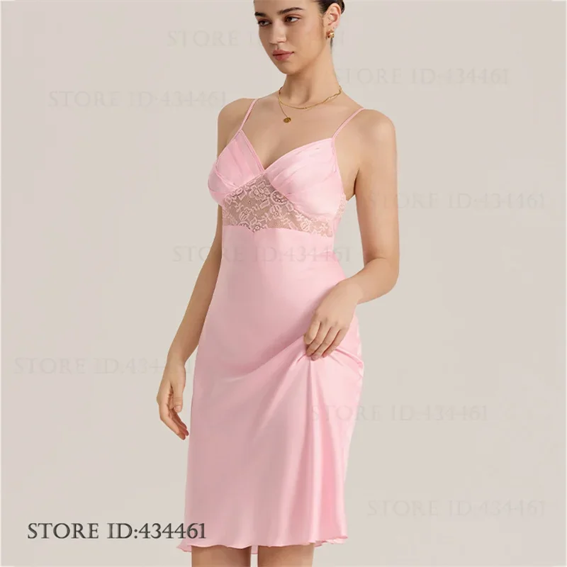 

Female Patchwork Lace Suspender Nightgown Home Dress Sexy Lingerie Chemise Sleepwear Nightdress Silk Satin Night Wear Loungewear