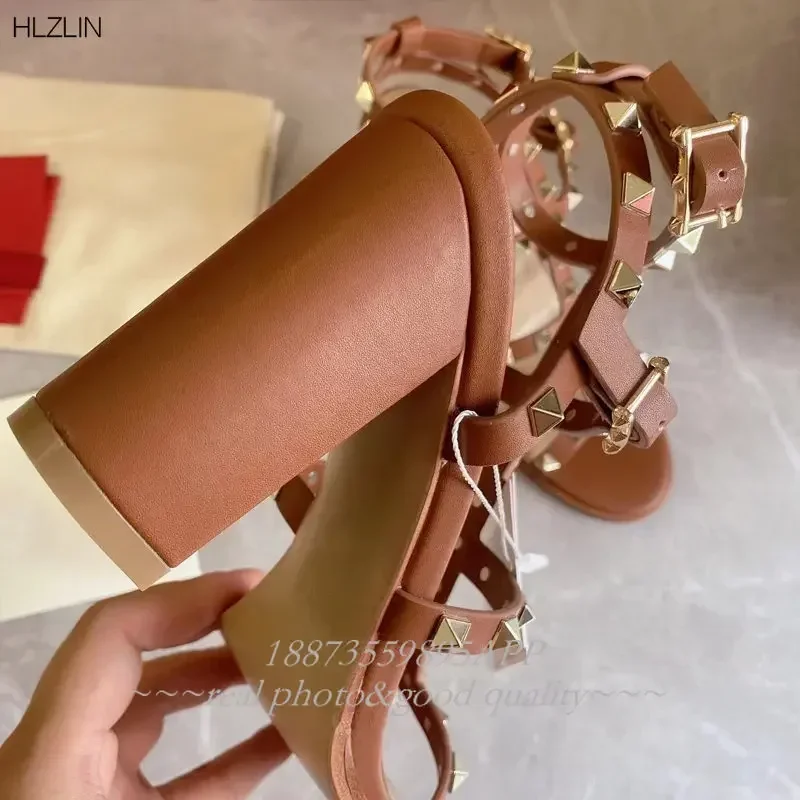 2024 spring and summer new leather cowhide rivet thick heel sandals square heel women\'s increased sandals lacing fashion sandals