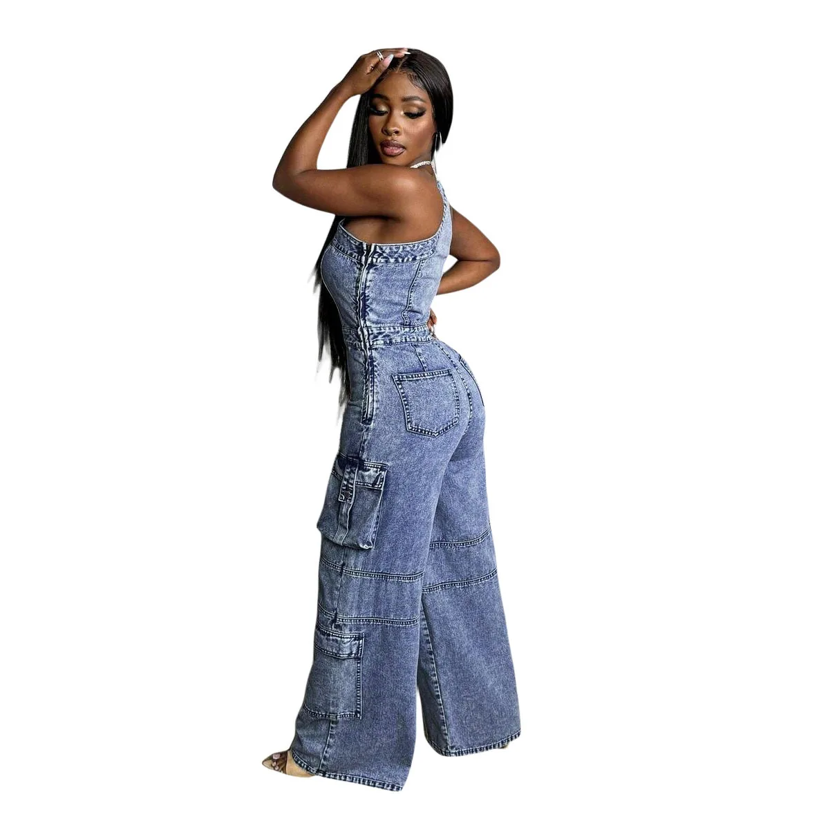 

New Women Loose Safari Style Spliced Washed Distressed Pockets Jumpsuits Cargo Jean One Shoulder High Waist Wide Leg Pants