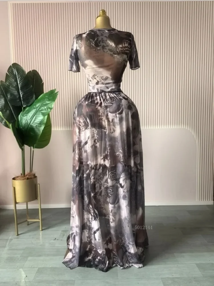 Set da donna elegante in 2 pezzi, manica corta, scollo a O, top stampato con gonna lunga, tuta autunnale, set sexy per il 2025