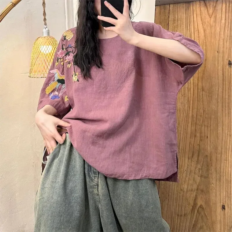 القطن الكتان تي شيرت المرأة خمر الأزهار التطريز رقيقة تي شيرت عادية فضفاض قصيرة الأكمام بلايز 2025 جديد في الصيف العصرية المحملة #4