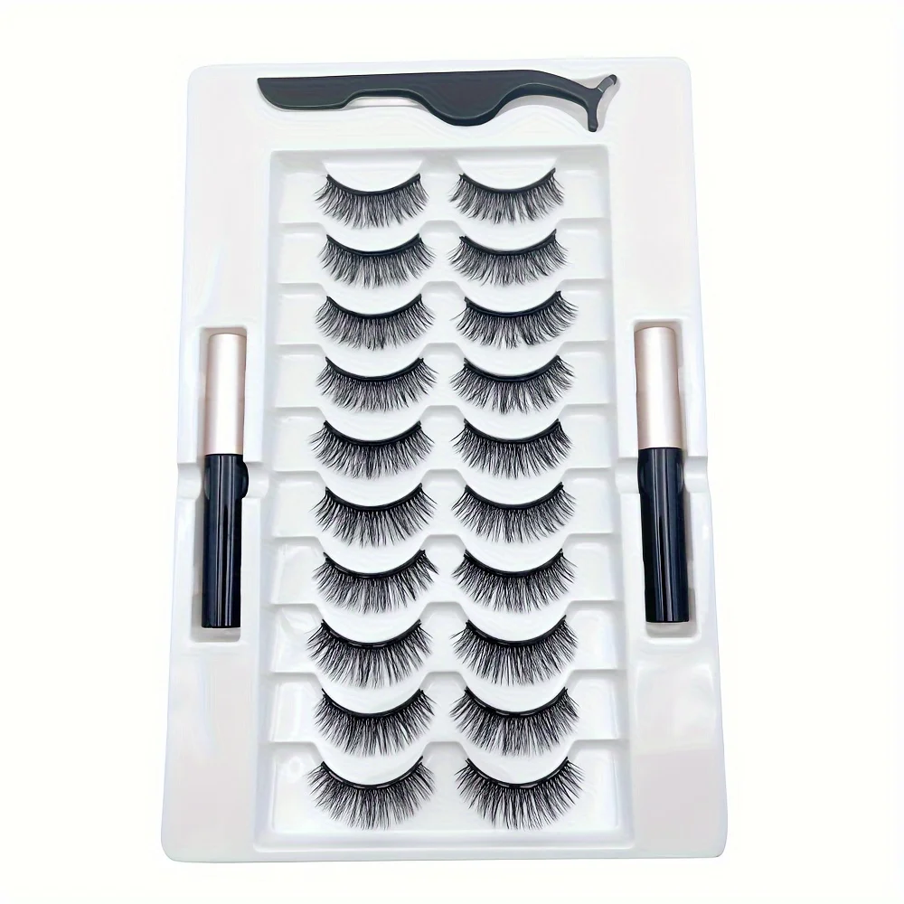 10Pairs Magnetic Lashes And Eyeliner Set Party Makeup Extension No Glue Required with Two Liquid Magnetic Eyeliners And Tweezers