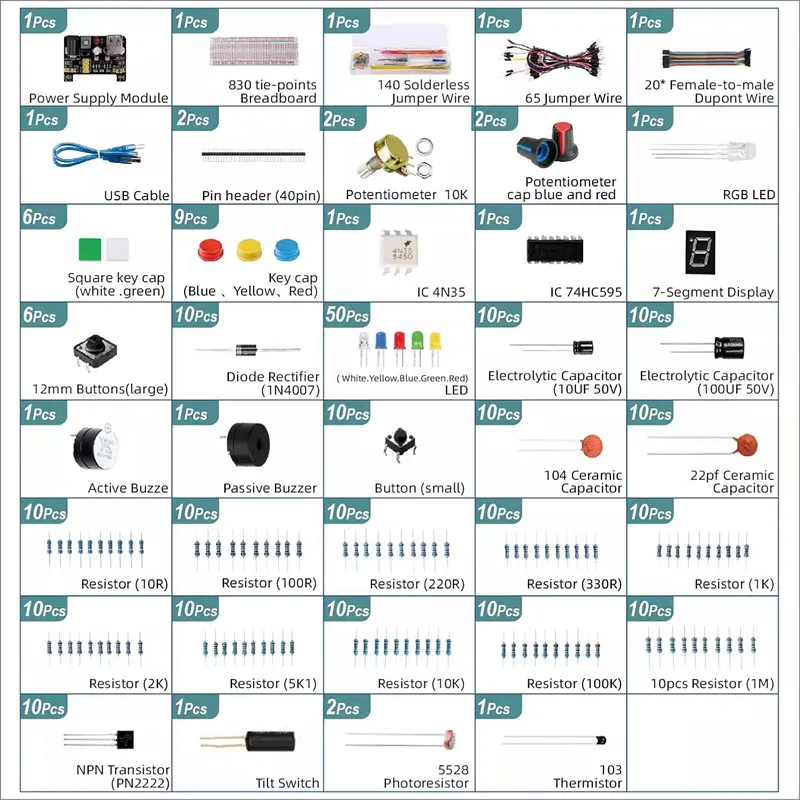 MB-102 for UNO R Component Pack Beginner Star Electronic Components Electrolytic Capacitor Resistor led 830 Hole Breadboard Kit
