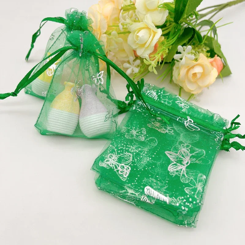 

Green organza gift bags, wedding packaging, jewelry storage bag, drawstring pouch, 100pcs