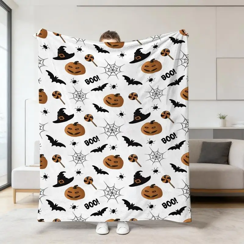 Halloween Warme Weiche Decke mit Geister-, Kürbis- und Totenkopf-Druck, Flanell-Schlafdecken, Multifunktionale Dekorative Decken – Detail 9