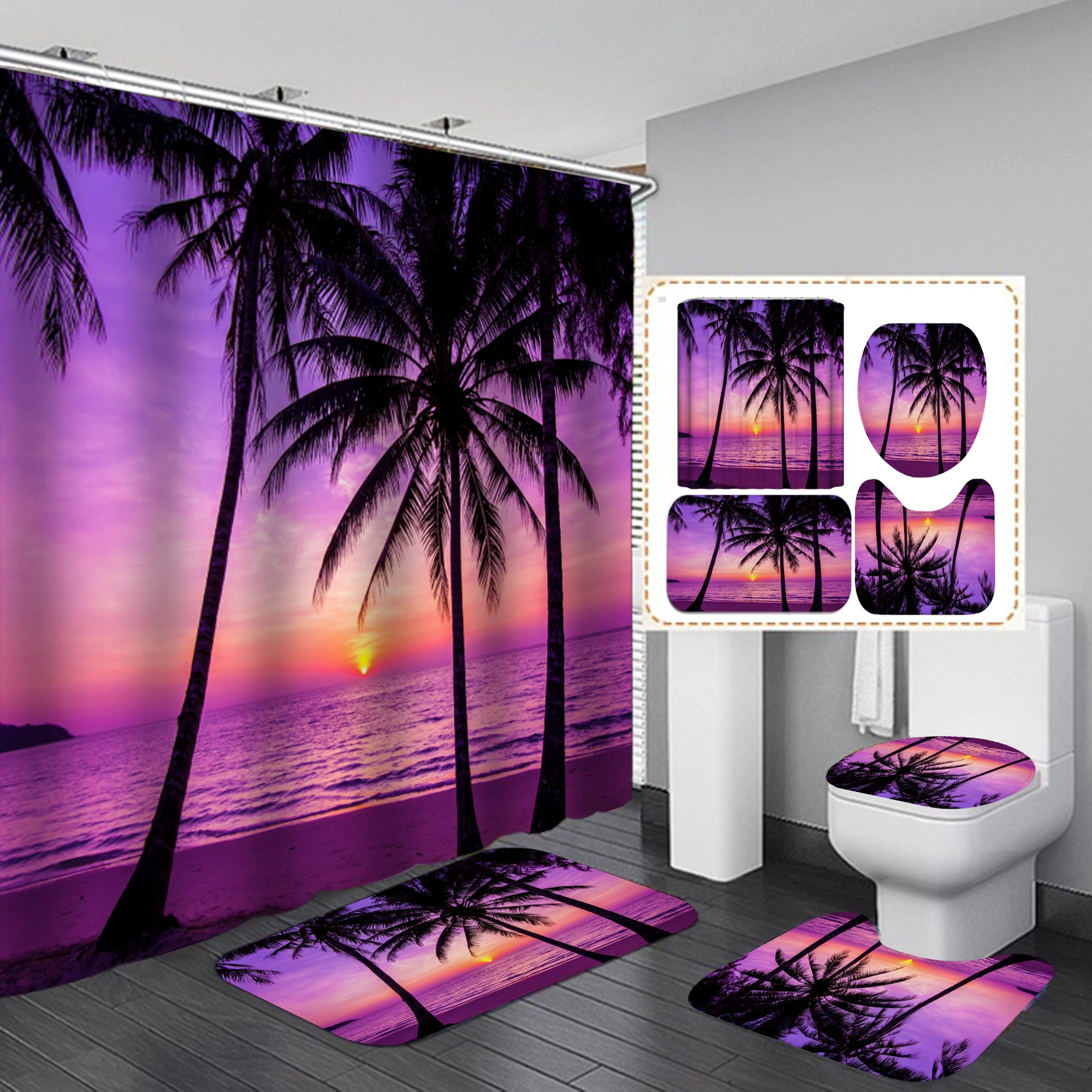 Beach Ocean Sea Theme Shower Curtain Bath Mat Set Sunrise At Tropical Beach Scene Decor Waterproof Non-Slip Bathroom Set Rug Set