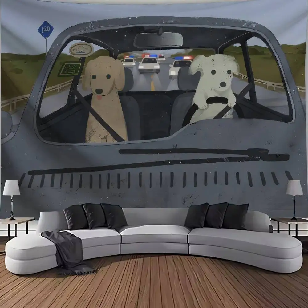 Funny MEME Dogs Driving Car Tapestry, Humor Cartoon Puppy Highway Chase Wall Hanging, Creative Animal Art Wall Decor