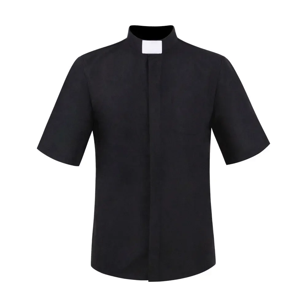 

Priest Black Shirt Men Stand-up Tab Collar Short Sleeve Shirt Male Catholic Religion Missionary Cosplay Costume Halloween Party