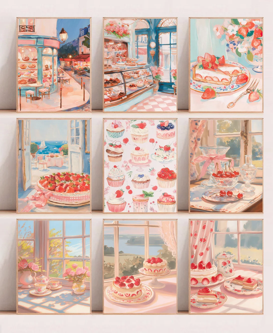 Retro Pink Cake Shop Dessert Gourmet Strawberry Cake Tea Poster Canvas Painting Prints Art Pictures Home Room Wall Decor Gift