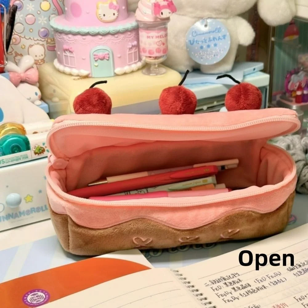 1 piece Cute Plush Cherry Cake Pencil Case   Large Capacity Stationery Bag Student Stationery Bag Storage Bag image 3