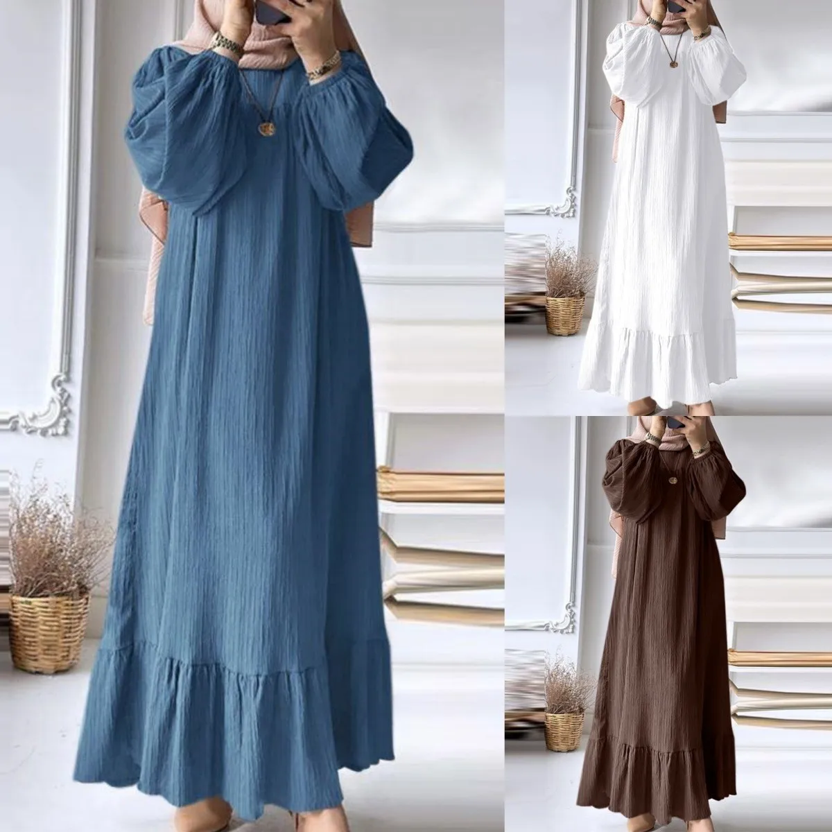 

2024 Muslim women's robe Spring and autumn new fashion puffed sleeves retro pocket hem ruffled dress