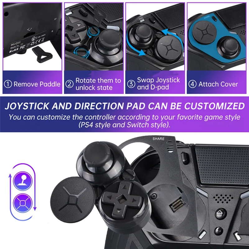 ABKN-وحدة تحكم بلوتوث لاسلكية لوحدة تحكم ألعاب PS4/PS4 Slim/Pro عصا التحكم مع زر توربو قابل للبرمجة متين -Bl