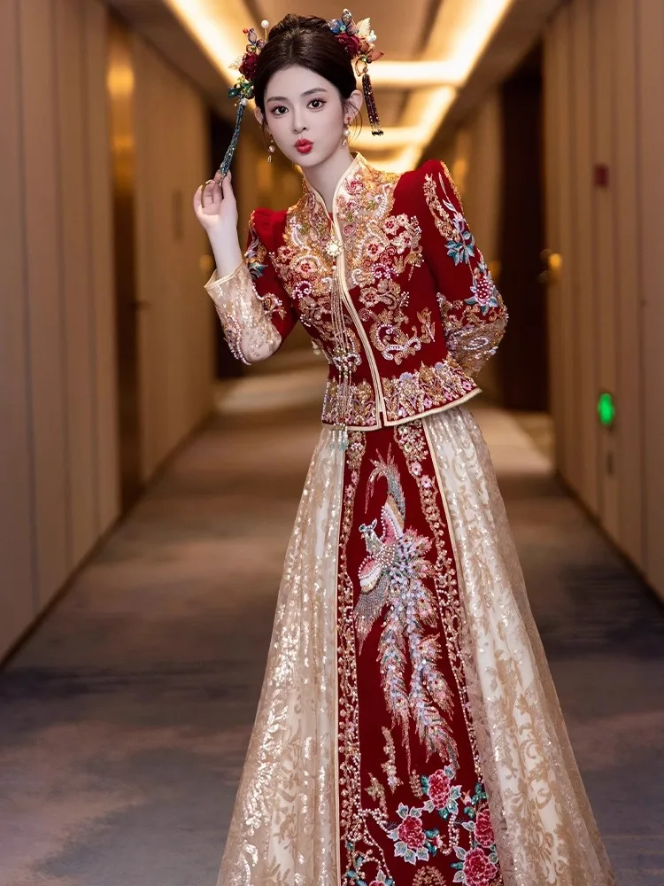 Velvet Xiuhe Clothing 2025 New Bridal Wedding Dress Chinese Large Size 6XL  Toast Dress Spring/Summer Female Qipao - AliExpress 200000532