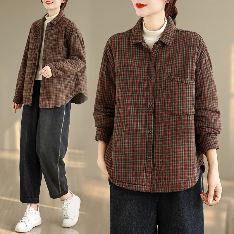 

Легкая зимняя клетчатая хлопковая куртка, свободная хлопковая куртка больших размеров, универсальная клетчатая хлопковая верхняя одежда для женщин