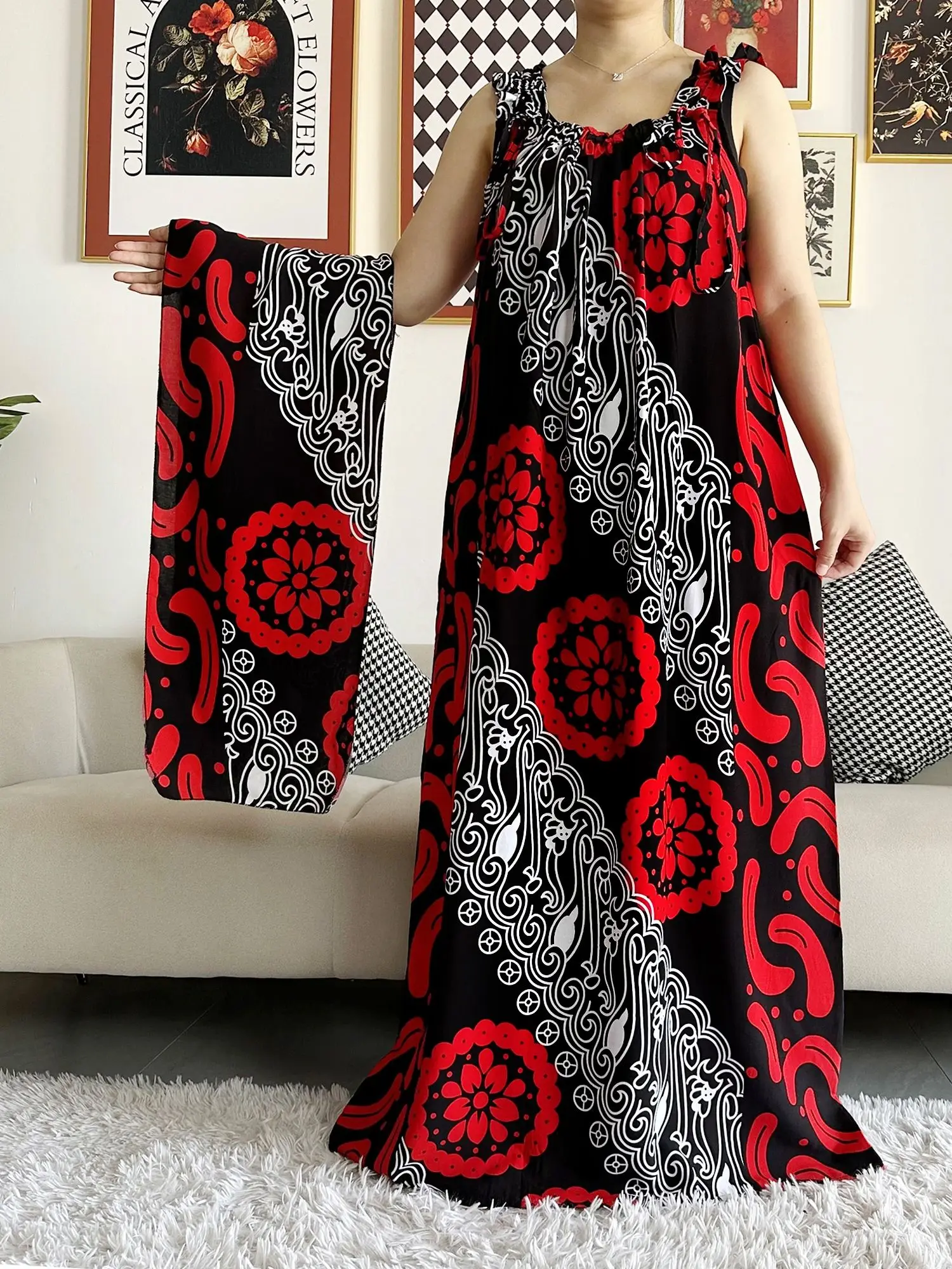 2023 New Women Cotton Summer Sleeveless Dress With Scarfs Under Dress African Dashiki Maxi Lady Robe Loose Kaftan Vestidos