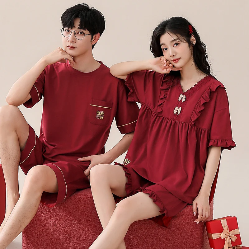 Couple Pajama Set Summer Short Sleeve Pyjamas Knited Cotton Men and Women Casual Sleepwear