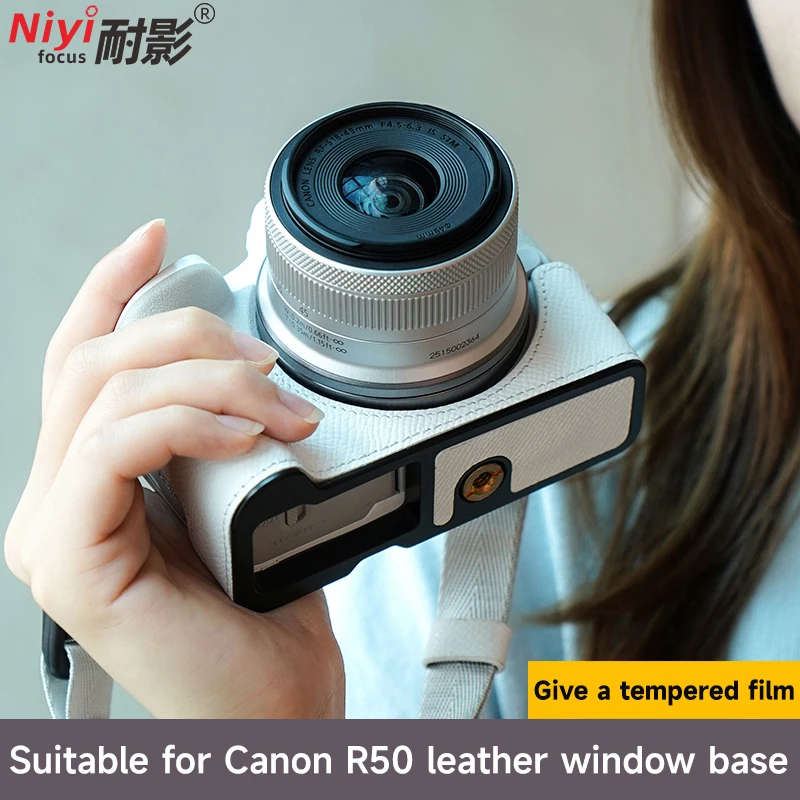 Kameratasche aus echtem Leder für Canon EOS R50 Kamera, Halbkörperabdeckung, untere Batterieöffnung, Canon R50-Zubehör