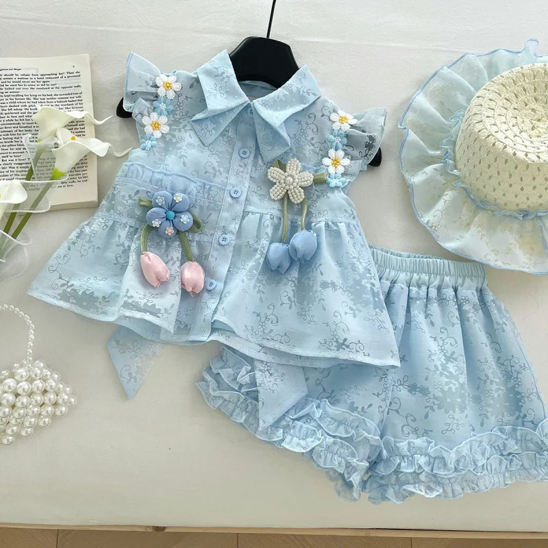 

New Children's Set New Summer Girl Baby Academy Style 3D Flower Shirt Elastic Fresh Two-Piece Set