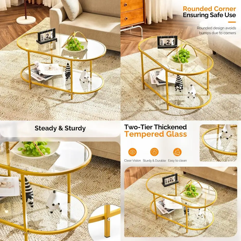 

Modern Oval Glass Coffee Table with Metal Frame and 2-Tier Storage for Home Decor, Long Center Table