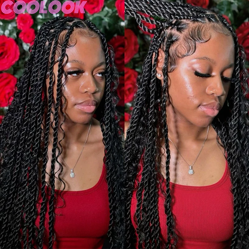 32 Inch Synthetic Full Lace Box Braids Wig Bohemian Box Braided Lace Frontal Wig Handmade Senegalese Twist Braid Wig with Plaits