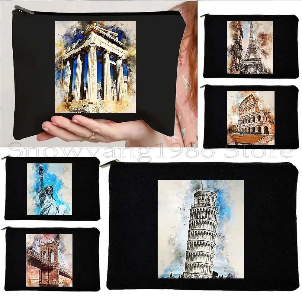 

New York Paris London Madrid Cairo Budapest Painting Watercolor Architecture Gift Cosmetic Makeup Lipstick Bag Pouch Pencil Case