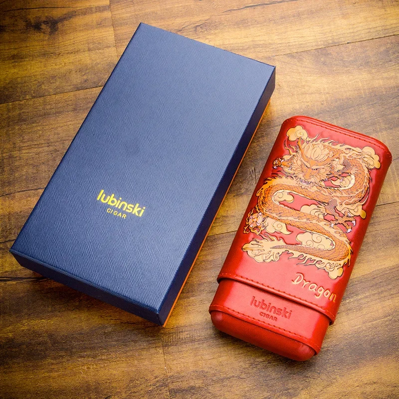 LUBINSKI Portable Cigar Box Year of The Dragon Totem Cigar Case Three-piece Cowhide Cedar Wooden Cigar Case Accessories