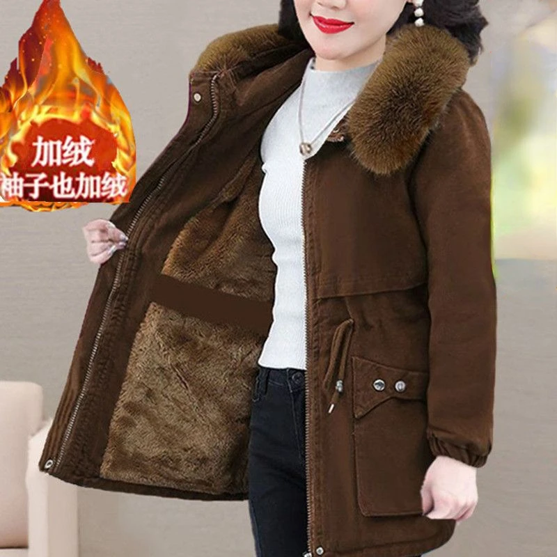 Windbreaker Jacket Mother's spring and autumn Velvet Mid-Long Trench Winter Coat Thicken Warm Women's Outcoat Hooded Coat Parka