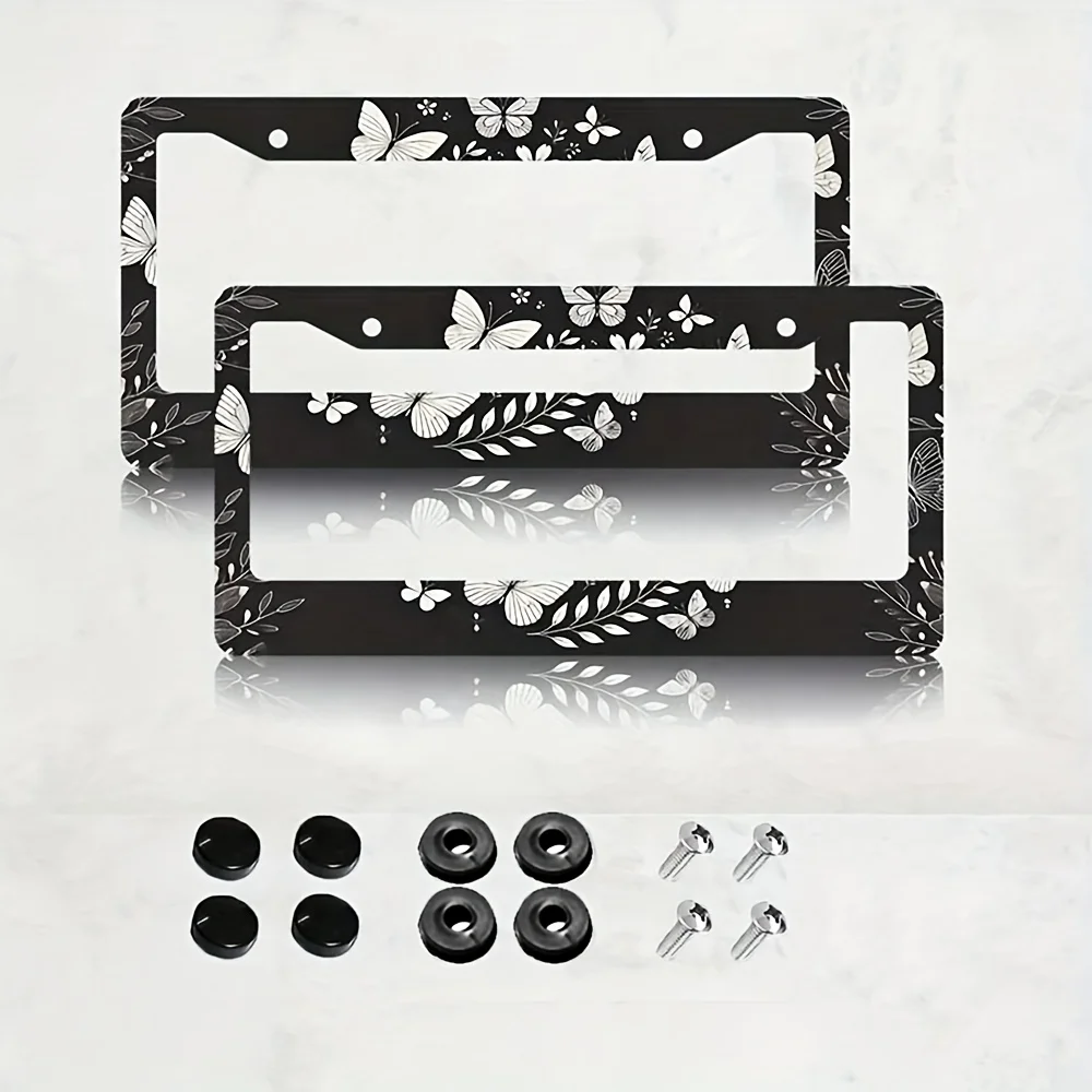 

White Butterfly Floral License Plate Frame Black Botanical Pattern Car Licence Plate Holder with Screws Universal Stainless