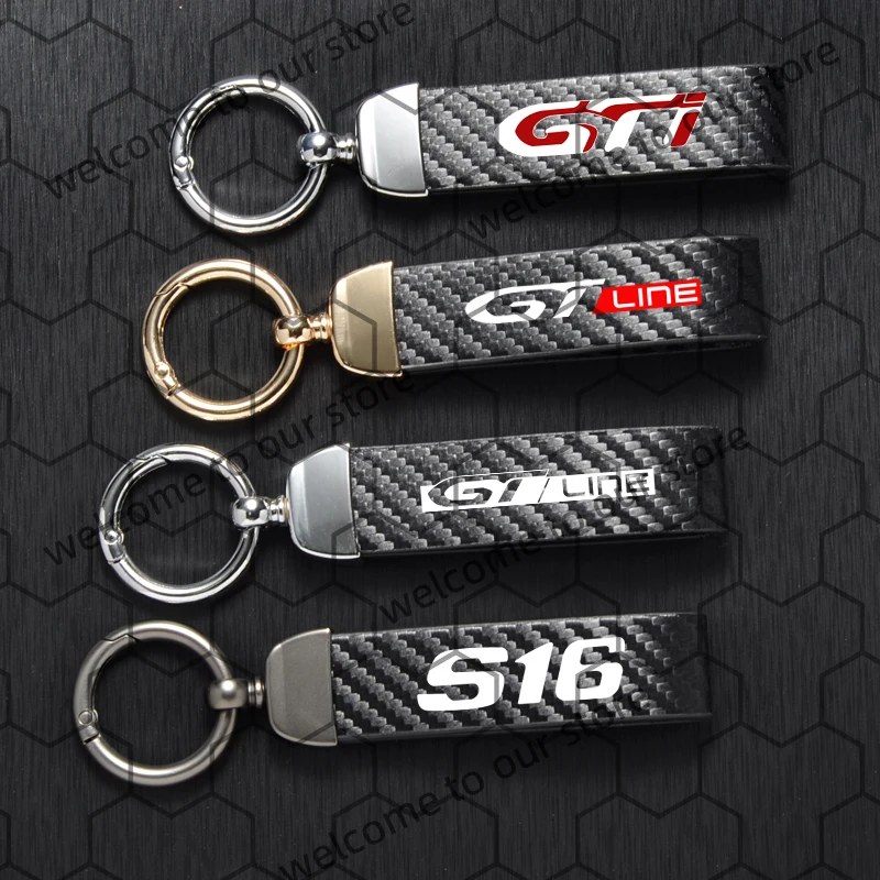 1 pçs para peugeot s16 gt linha gti 206 207 306 logotipo de fibra carbono texturizado couro carro chaveiro ferradura fivela jóias chaveiro