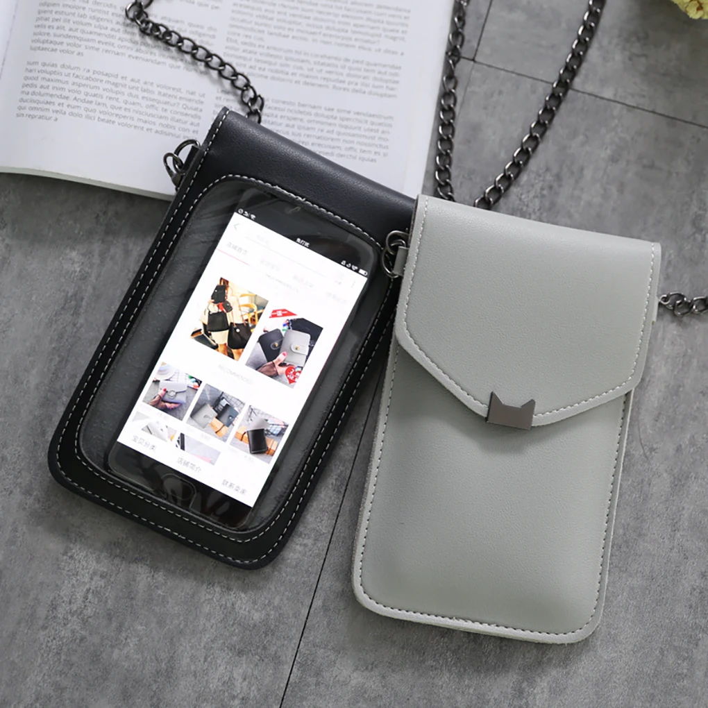 Cute Girl PU Leather Mobile Phone Shoulder Crossbody Bags Mini Fashion Wallet Purse Touch Screen Transparent Film Phone Bag